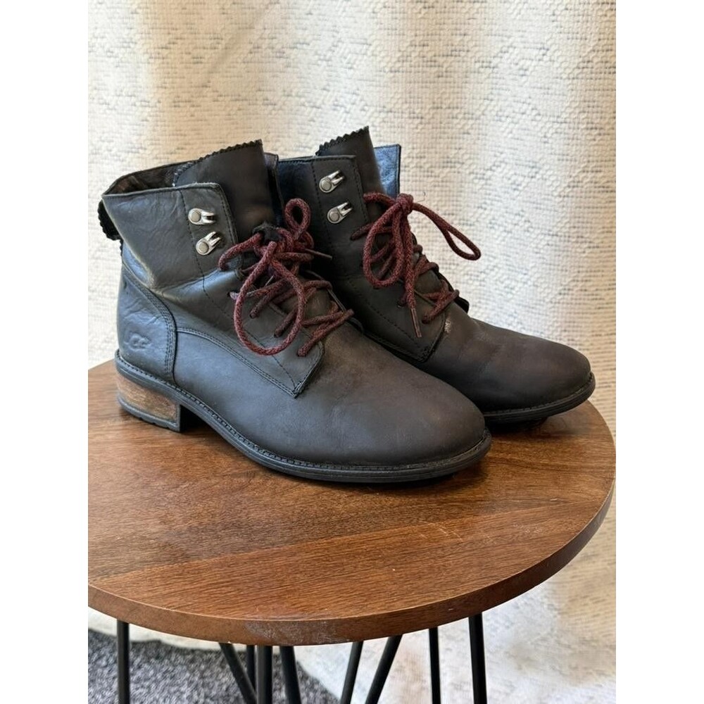 UGG Boots Womens 10 Brown Leather Shearling Lace Up Ankle Combat Shoes 1007745